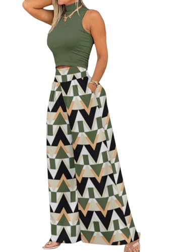 shownicer 2 Teiler Hosenanzug Damen Elegant Zweiteiler Outfit Ärmelloses Tank Top und Hose Freizeitanzug mit Taschen Sommer Loungewear Drucken Streetwear A Grün S von shownicer