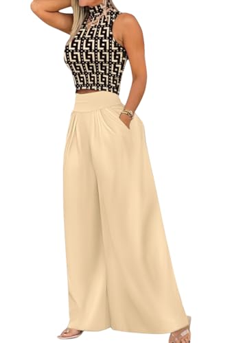 shownicer 2 Teiler Hosenanzug Damen Elegant Zweiteiler Outfit Ärmelloses Tank Top und Hose Freizeitanzug mit Taschen Sommer Loungewear Drucken Streetwear A Khaki XS von shownicer