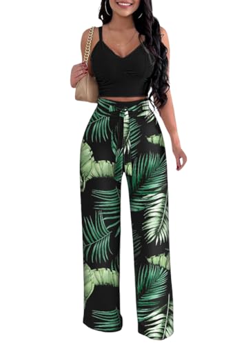 shownicer 2 Teiler Hosenanzug Damen Elegant Zweiteiler Outfit Ärmelloses Tank Top und Hose Freizeitanzug mit Taschen Sommer Loungewear Drucken Streetwear B Grün L von shownicer
