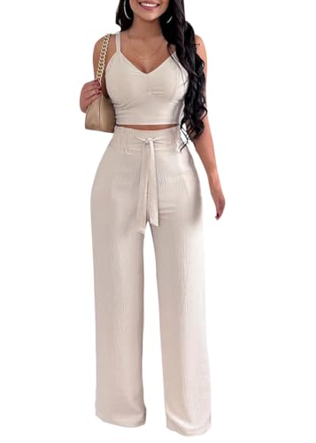 shownicer 2 Teiler Hosenanzug Damen Elegant Zweiteiler Outfit Ärmelloses Tank Top und Hose Freizeitanzug mit Taschen Sommer Loungewear Drucken Streetwear C Aprikose XS von shownicer