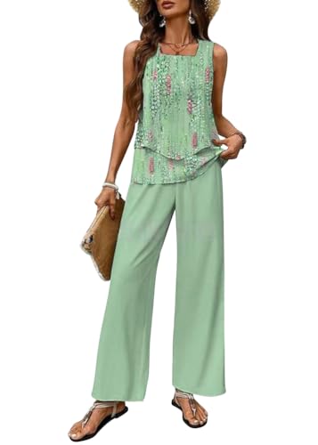 shownicer 2 Teiler Zweiteiler Damen Elegant Ärmelloses Tank Top und Hose Trainingsanzug Freizeitanzug Leicht Einfarbig Loungewear A Grün XXL von shownicer