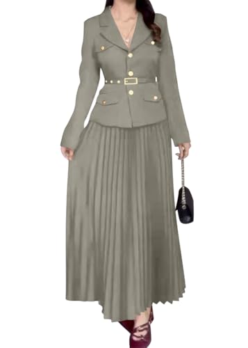 shownicer 2-teiliges Set Damen Business Anzug mit Revers und Plissee Maxirock mit Gürtel Damenrock Set Blazer mit V-Ausschnitt und Maxi Plissee Rock Sets A Armeegrün XL von shownicer