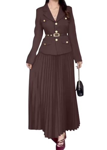 shownicer 2-teiliges Set Damen Business Anzug mit Revers und Plissee Maxirock mit Gürtel Damenrock Set Blazer mit V-Ausschnitt und Maxi Plissee Rock Sets A Kaffee M von shownicer