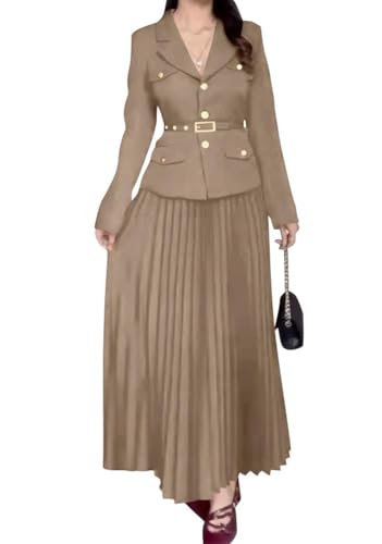 shownicer 2-teiliges Set Damen Business Anzug mit Revers und Plissee Maxirock mit Gürtel Damenrock Set Blazer mit V-Ausschnitt und Maxi Plissee Rock Sets A Khaki XL von shownicer