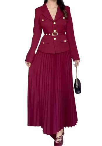 shownicer 2-teiliges Set Damen Business Anzug mit Revers und Plissee Maxirock mit Gürtel Damenrock Set Blazer mit V-Ausschnitt und Maxi Plissee Rock Sets A Weinrot M von shownicer