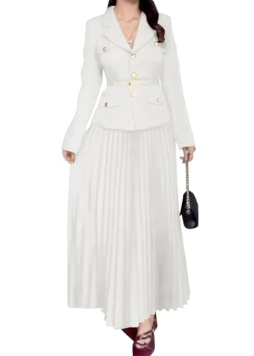shownicer 2-teiliges Set Damen Business Anzug mit Revers und Plissee Maxirock mit Gürtel Damenrock Set Blazer mit V-Ausschnitt und Maxi Plissee Rock Sets A Weiß XXL von shownicer