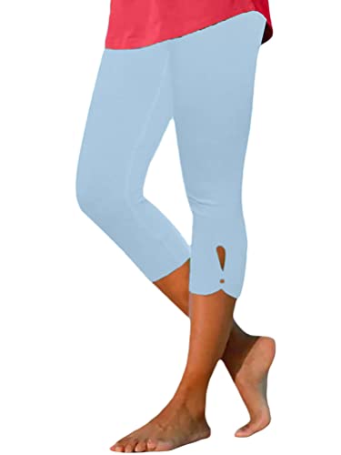 shownicer 3/4 Leggings Damen Capri Leggins High Waist Caprihose Sommer Blickdicht Sportleggins Sporthose Gym Outdoor Yoga Hose Kurze Einfarbig Slim Fit Elastische Taille Yogahose C Hellblau XL von shownicer