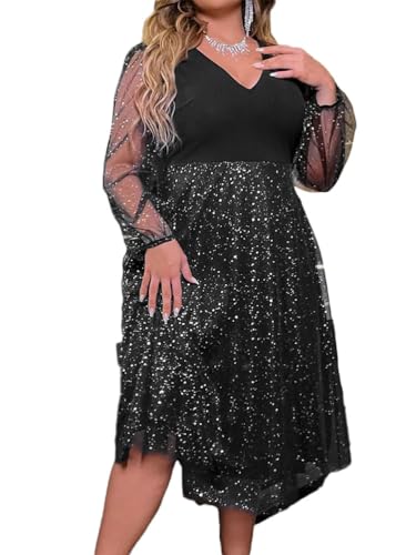 shownicer Abendkleid Damen Elegant Große Größen V-Ausschnitt Glitzer Tüllkleid Langarm A-Linien Midi Kleid Cocktailkleid Hochzeit Festliches Kleid Paillettenkleid A Schwarz 5XL von shownicer