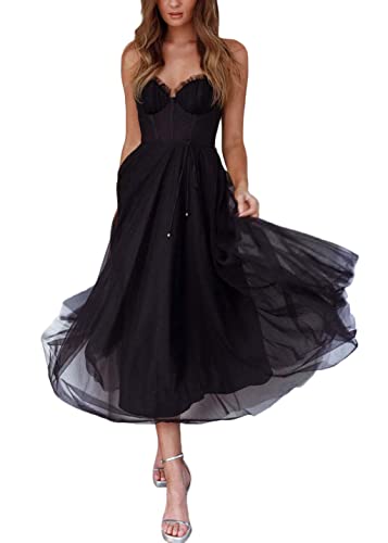 shownicer Abendkleid Damen Elegant Lange Ballkleider V-Ausschnitt Cocktailkleider mit Schlitz Brautjungfernkleider Sexy Ärmelloses A-Linie Abendkleid Maxikleid A Schwarz L von shownicer