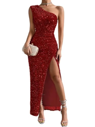 shownicer Abendkleid Damen Midikleid Elegant Lange A-Linie Cocktailkleider Lang Brautjungfer Kleid Partykleid mit Schlitz A Rot L von shownicer