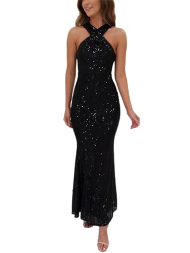 shownicer Abendkleid Damen Sexy Rückenfreies Pailletten Langes Kleid Elegant Ärmellos Partykleid Festlich Hochzeit Maxikleid Glänzend Glitzer Kleider A Schwarz S von shownicer