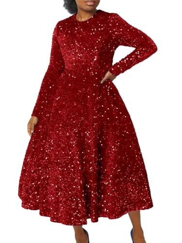 shownicer Abendkleid Elegant Damen Große Größen Glitzer Abendkleid Langarm Rundhals Paillettenkleid Hohe Taille Festlich Party Kleider A Rot XL von shownicer