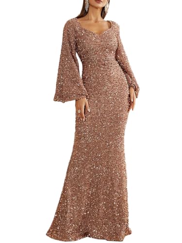 shownicer Abendkleid Langer Damen Elegant Glänzend Pailletten Kleider Langarm V-Ausschnitt Maxi Kleid Schlitz Ballkleid Festlich Hochzeitsgäste A Gold M von shownicer