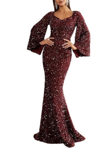 shownicer Abendkleid Langer Damen Elegant Glänzend Pailletten Kleider Langarm V-Ausschnitt Maxi Kleid Schlitz Ballkleid Festlich Hochzeitsgäste A Rot XL von shownicer