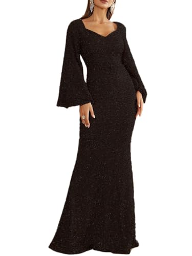 shownicer Abendkleid Langer Damen Elegant Glänzend Pailletten Kleider Langarm V-Ausschnitt Maxi Kleid Schlitz Ballkleid Festlich Hochzeitsgäste A Schwarz L von shownicer
