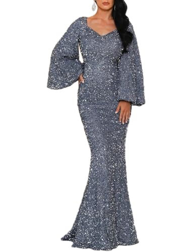 shownicer Abendkleid Langer Damen Elegant Glänzend Pailletten Kleider Langarm V-Ausschnitt Maxi Kleid Schlitz Ballkleid Festlich Hochzeitsgäste A Silber S von shownicer