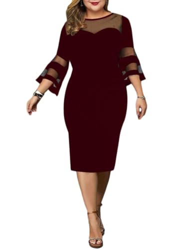 shownicer Abendkleid für Damen Elegant Retro Große Größen Tunika Midi-Kleider Rundhalsausschnitt Cocktailkleid Festlich Kleid A Rot 3XL von shownicer