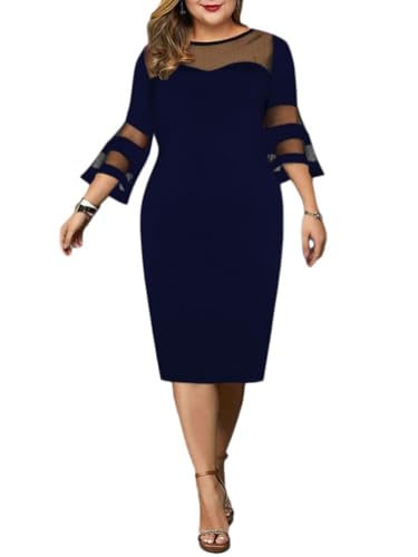 shownicer Abendkleid für Damen Elegant Retro Große Größen Tunika Midi-Kleider Rundhalsausschnitt Cocktailkleid Festlich Kleid A Blau XL von shownicer