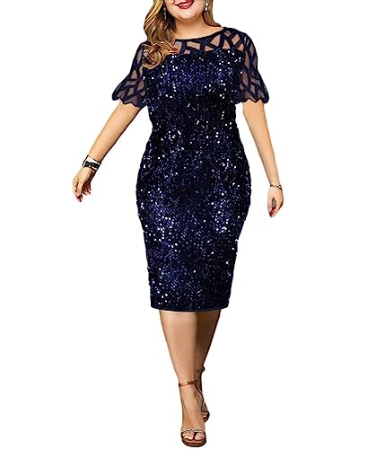 shownicer Abendkleid für Damen Elegant Retro Große Größen Tunika Midi-Kleider Rundhalsausschnitt Cocktailkleid Festlich Kleider B Blau 3XL von shownicer