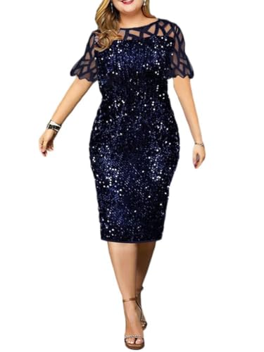 shownicer Abendkleid für Damen Elegant Retro Große Größen Tunika Midi-Kleider Rundhalsausschnitt Cocktailkleid Festlich Kleider B Blau XXL von shownicer