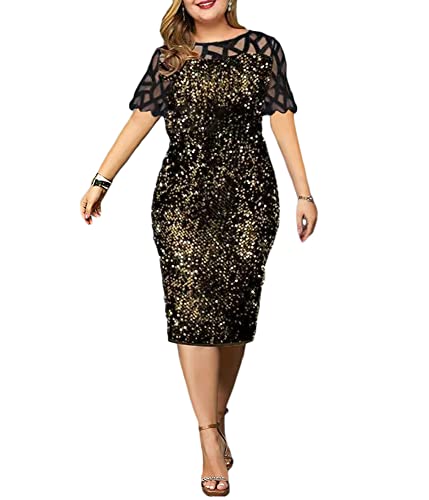 shownicer Abendkleid für Damen Elegant Retro Große Größen Tunika Midi-Kleider Rundhalsausschnitt Cocktailkleid Festlich Kleider B Gelb 3XL von shownicer