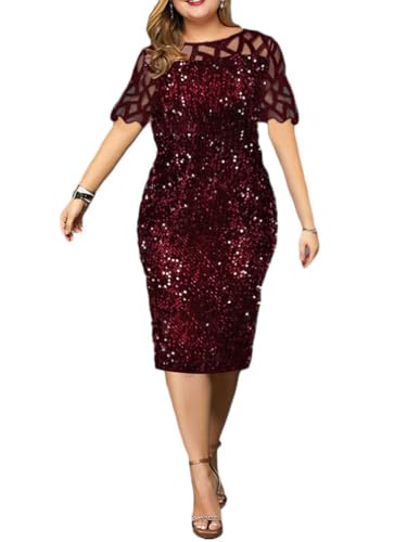 shownicer Abendkleid für Damen Elegant Retro Große Größen Tunika Midi-Kleider Rundhalsausschnitt Cocktailkleid Festlich Kleid B Rot L von shownicer