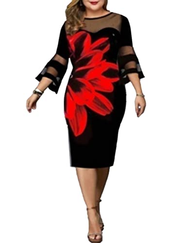 shownicer Abendkleid für Damen Elegant Retro Große Größen Tunika Midi-Kleider Rundhalsausschnitt Cocktailkleid Festlich Kleider D Rot XXL von shownicer