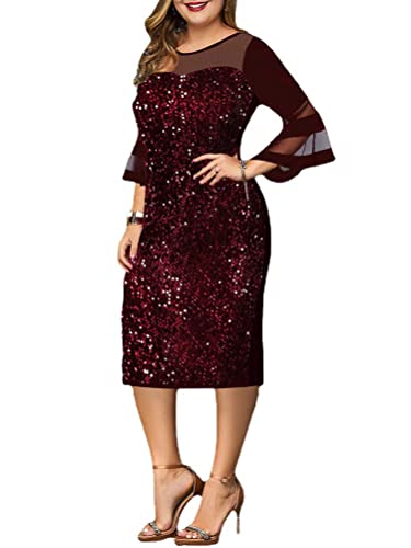 shownicer Abendkleid für Damen Elegant Retro Große Größen Tunika Midi-Kleider Rundhalsausschnitt Cocktailkleid Festlich Kleider F Rot 4XL von shownicer