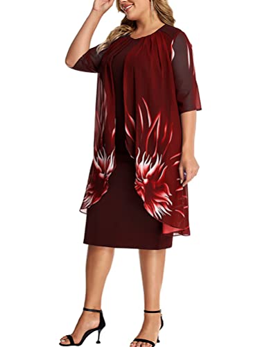 shownicer Abendkleid für Damen Große Größen Knielang Chiffon Kleid Elegant Rundhals 3/4 Ärmel Cocktailkleid Festlich Kleider B Rot XXL von shownicer