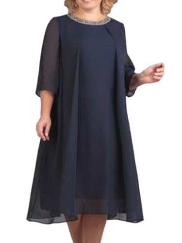shownicer Abendkleid für Damen Große Größen Knielang Chiffon Kleid Elegant Rundhals 3/4 Ärmel Cocktailkleid Festlich Kleider C Blau 3XL von shownicer