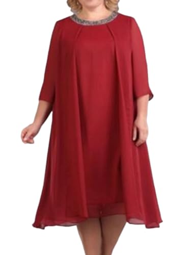 shownicer Abendkleid für Damen Große Größen Knielang Chiffon Kleid Elegant Rundhals 3/4 Ärmel Cocktailkleid Festlich Kleider C Rot L von shownicer