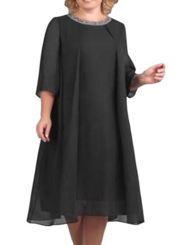 shownicer Abendkleid für Damen Große Größen Knielang Chiffon Kleid Elegant Rundhals 3/4 Ärmel Cocktailkleid Festlich Kleider C Schwarz 5XL von shownicer