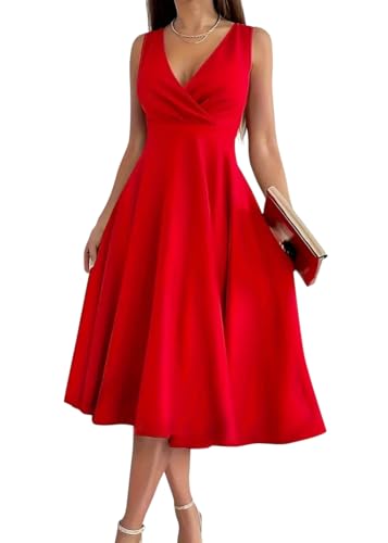 shownicer Abendkleider Damen A-Linien Midikleid V-Ausschnitt Kleid Partykleid Cocktailkleid A Rot 3XL von shownicer