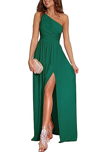 shownicer Abendkleider Damen Maxi Langes Kleid mit Schlitz Eine Schulter Schlitz Ballkleider Sexy Einfarbig Partykleid Elegant Cocktailkleider A Grün S von shownicer