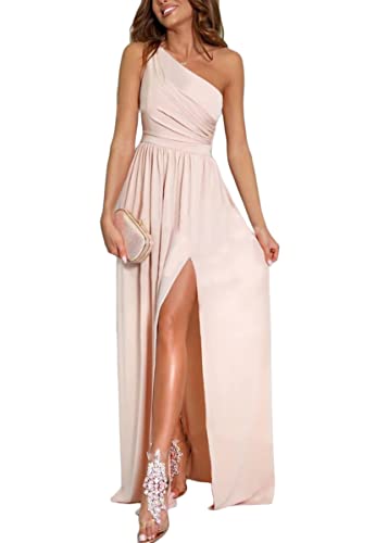 shownicer Abendkleider Damen Maxi Langes Kleid mit Schlitz Eine Schulter Schlitz Ballkleider Sexy Einfarbig Partykleid Elegant Cocktailkleider A Rosa M von shownicer