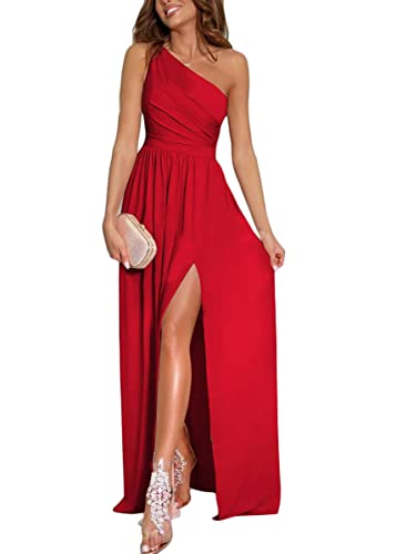 shownicer Abendkleider Damen Maxi Langes Kleid mit Schlitz Eine Schulter Schlitz Ballkleider Sexy Partykleid Einfarbig Elegant Cocktailkleider A Rot M von shownicer