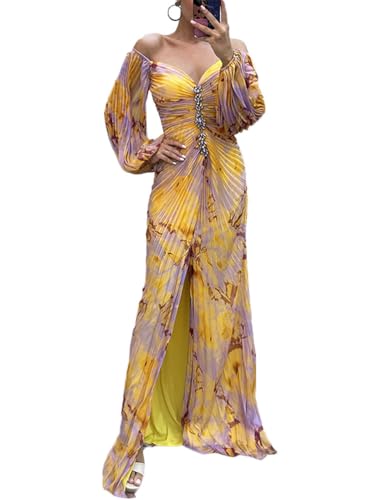 shownicer Abendkleider Damen Mode Einfarbig Lang Elegante A-Linie Abendkleider Hohe Taille Kleider Tüll Abschlussballkleid Partykleid Maxikleid C Gelb XL von shownicer
