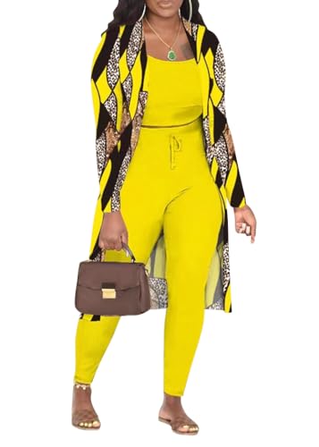 shownicer Anzug Damen Elegant 3 Teiler Ärmellos Tank Top Und Jogginghose Und Cardigan Set Casual Loungewear Slim Fit Lounge Set Freizeitanzug Sport Outfit Streetwear A Gelb XS von shownicer