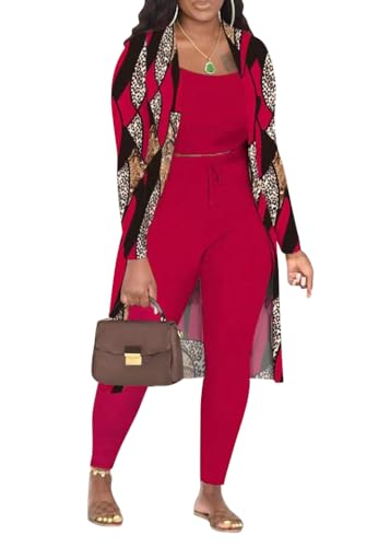 shownicer Anzug Damen Elegant 3 Teiler Ärmellos Tank Top Und Jogginghose Und Cardigan Set Casual Loungewear Slim Fit Lounge Set Freizeitanzug Sport Outfit Streetwear A Rot1 XS von shownicer