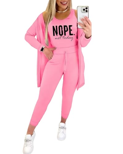 shownicer Anzug Damen Elegant 3 Teiler Ärmellos Tank Top Und Jogginghose Und Cardigan Set Dreiteilig Casual Sport Outfit Hosenanzug Slim Fit Loungewear Streetwear Anzüge Kombi D Rosa L von shownicer