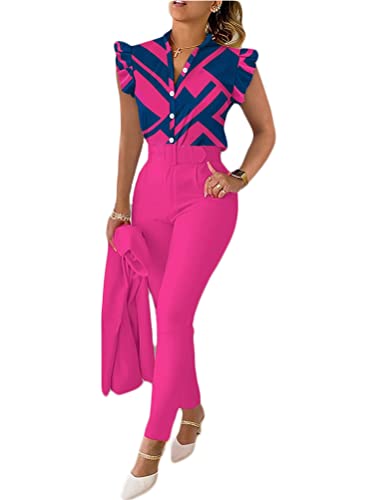 shownicer Anzug Damen Elegant 3 Teiler Sommer Drucken Rüschenärmel Hemd Bluse Und Hosen Und Gürtel Set Bussiness Outfit Hosenanzug Slim Fit Streetwear Anzüge Kombi A Dunkelrosa M von shownicer