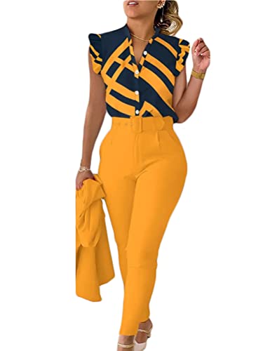 shownicer Anzug Damen Elegant 3 Teiler Sommer Drucken Rüschenärmel Hemd Bluse Und Hosen Und Gürtel Set Bussiness Outfit Hosenanzug Slim Fit Streetwear Anzüge Kombi A Gelb L von shownicer