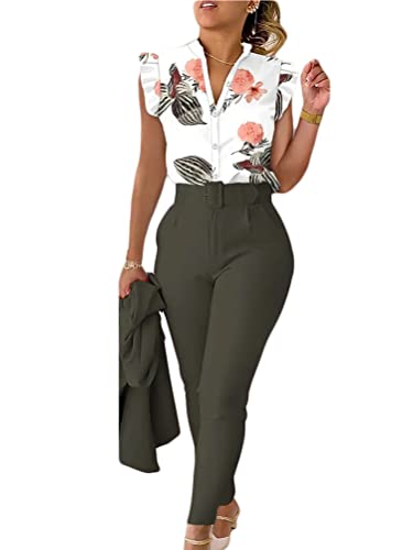 shownicer Anzug Damen Elegant 3 Teiler Sommer Drucken Rüschenärmel Hemd Bluse Und Hosen Und Gürtel Set Bussiness Outfit Hosenanzug Slim Fit Streetwear Anzüge Kombi A Grün M von shownicer