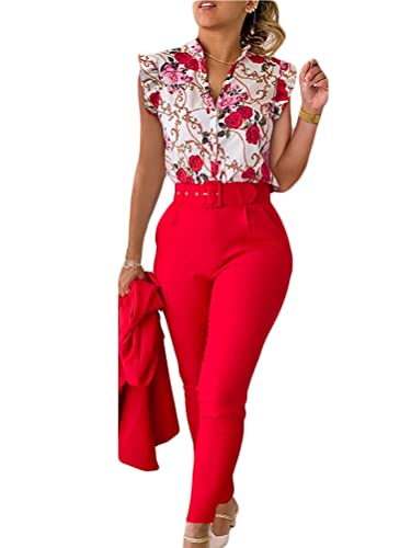 shownicer Anzug Damen Elegant 3 Teiler Sommer Drucken Rüschenärmel Hemd Bluse Und Hosen Und Gürtel Set Bussiness Outfit Hosenanzug Slim Fit Streetwear Anzüge Kombi A Rot L von shownicer