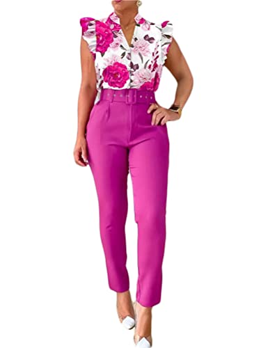 shownicer Anzug Damen Elegant 3 Teiler Sommer Drucken Rüschenärmel Hemd Bluse Und Hosen Und Gürtel Set Bussiness Outfit Hosenanzug Slim Fit Streetwear Anzüge Kombi A Violett L von shownicer