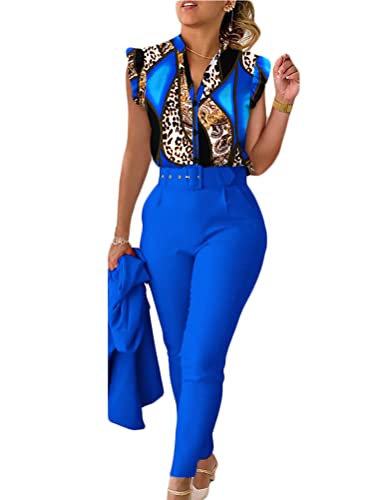 shownicer Anzug Damen Elegant 3 Teiler Sommer Drucken Rüschenärmel Hemd Bluse Und Hosen Und Gürtel Set Bussiness Outfit Hosenanzug Slim Fit Streetwear Anzüge Kombi B Blau L von shownicer