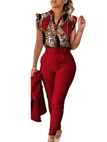 shownicer Anzug Damen Elegant 3 Teiler Sommer Drucken Rüschenärmel Hemd Bluse Und Hosen Und Gürtel Set Bussiness Outfit Hosenanzug Slim Fit Streetwear Anzüge Kombi B Rot L von shownicer