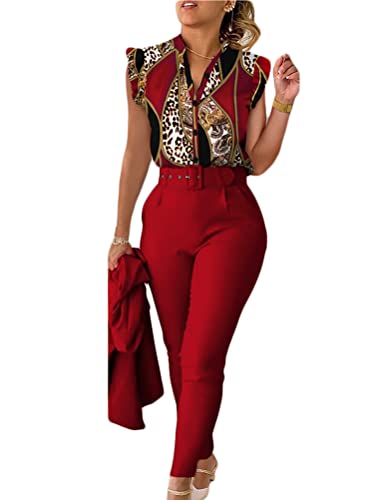 shownicer Anzug Damen Elegant 3 Teiler Sommer Drucken Rüschenärmel Hemd Bluse Und Hosen Und Gürtel Set Bussiness Outfit Hosenanzug Slim Fit Streetwear Anzüge Kombi B Rot S shownicer Anzug Damen Elegant 3 Teiler Sommer Drucken Rüschenärmel Hemd Bluse Und Hosen Und Gürtel Set Bussiness Outfit Hosenanzug Slim Fit Streetwear Anzüge Kombi B Rot S von shownicer