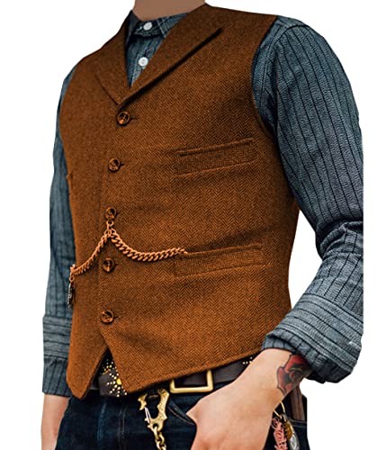 shownicer Anzugweste für Herren Weste Slim Fit V-Ausschnitt Ärmellose Elegant Hochzeit Weste Klassische Einfarbig Casual Businessweste Formelle Anzugwesten für Trauzeugen D Orange XS von shownicer