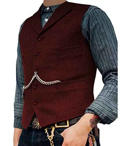 shownicer Anzugweste für Herren Weste Slim Fit V-Ausschnitt Ärmellose Elegant Hochzeit Weste Klassische Einfarbig Casual Businessweste Formelle Anzugwesten für Trauzeugen D Weinrot XS von shownicer